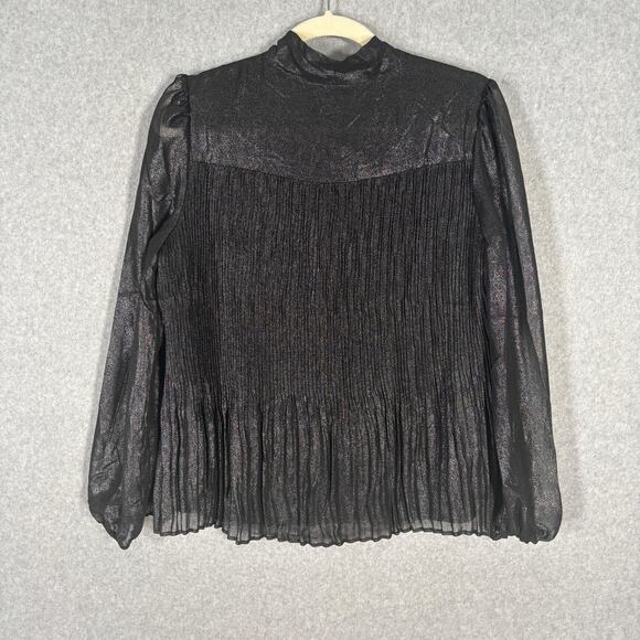 Nanette Lepore Blouse Small Metallic Sheer Sleeve Neck Bow Tie Cord Pleated - Picture 11 of 13